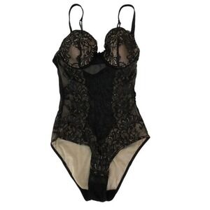 Le Mystere Black Lace Underwire Teddy Bodysuit Women's 34C Sheer